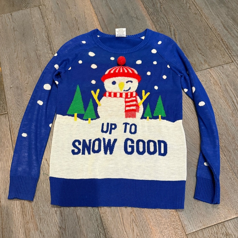 Blue “Up To Snow Good” Snowman Sweater